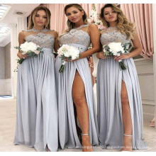Custom Made 2019 Jewel Neck Lace and Nude Mesh Bodice Split A Line Silver Sky Blue Latest Bridesmaid Dresses Long Chiffon